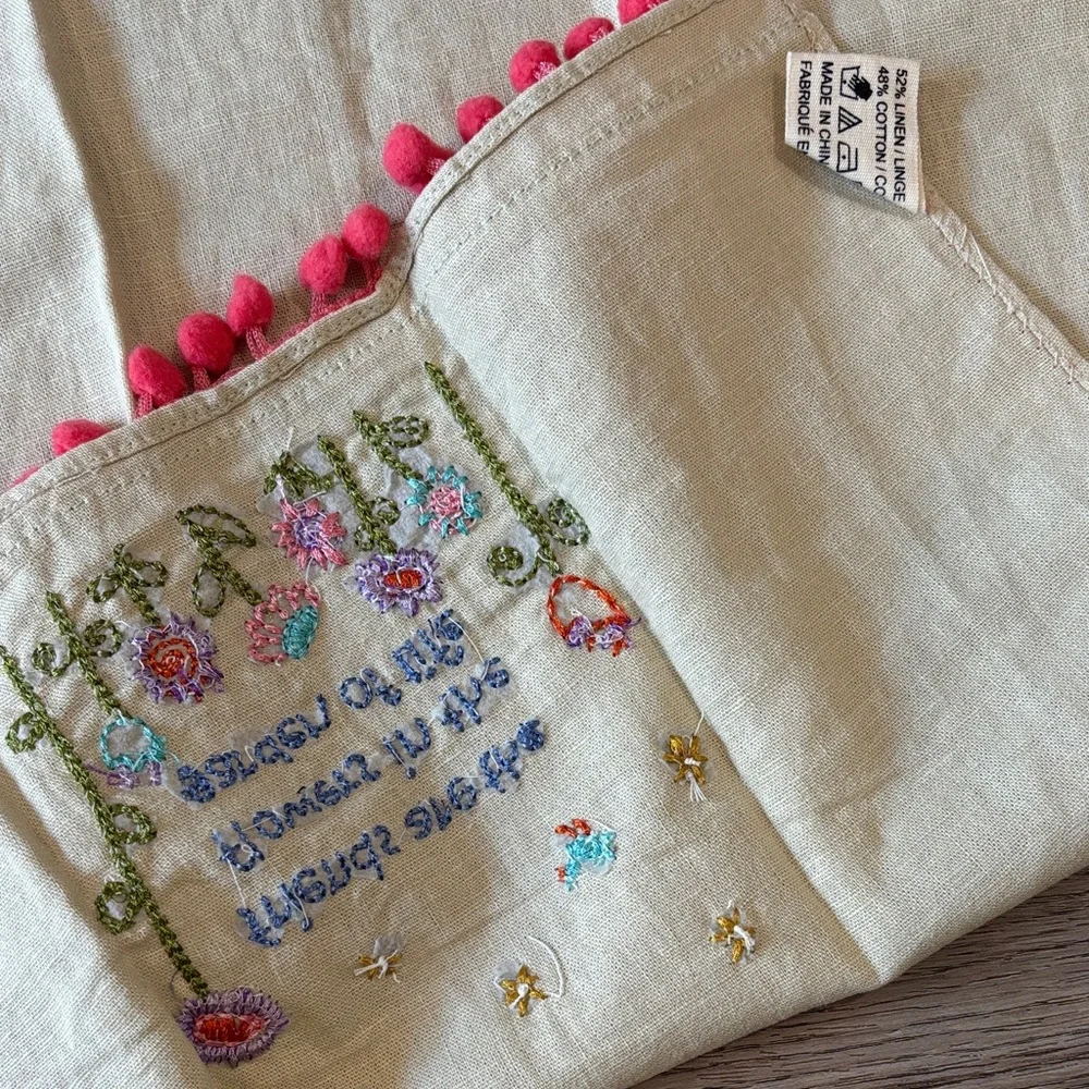 NATURAL LIFE Linen Hand Towel with Colorful Floral Embroidery and Pink Pom Trim